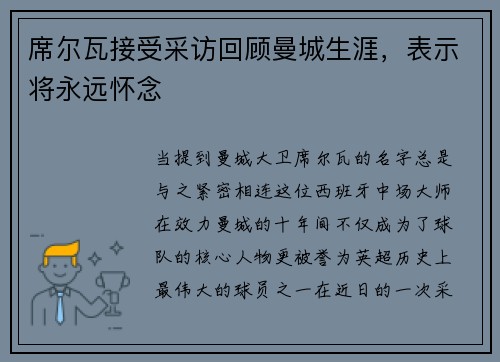 席尔瓦接受采访回顾曼城生涯，表示将永远怀念